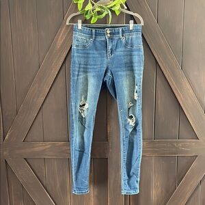Blue Straight Leg Jeans with Distressed Details